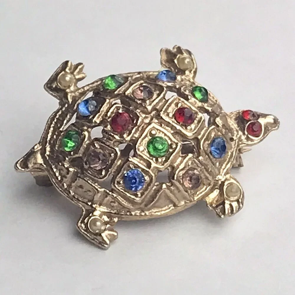 Turtle Fancy Multi Color Jeweled Brooch Pin Vintage Gold Tone